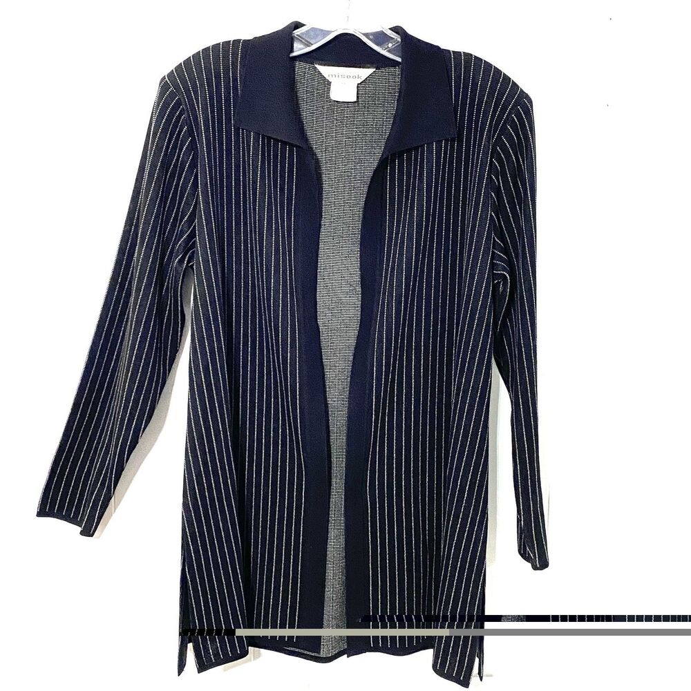 Exclusively Misook Blazer OPEN FRONT Jacket M Acrylic Striped Black White y2K